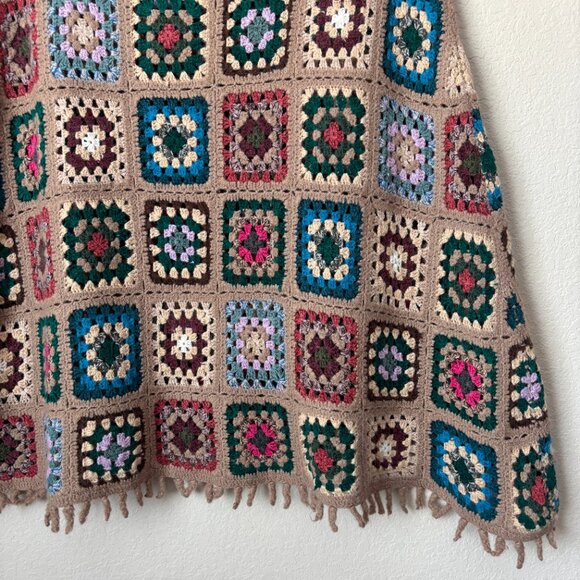 Boho Wool Blend Granny Square Colorful Crochet Poncho Sweater Top - Picture 7 of 11